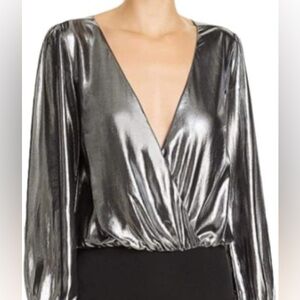 Express Metallic Silver V-Neck Draped Stretchy Long Sleeved Soft Bodysuit L